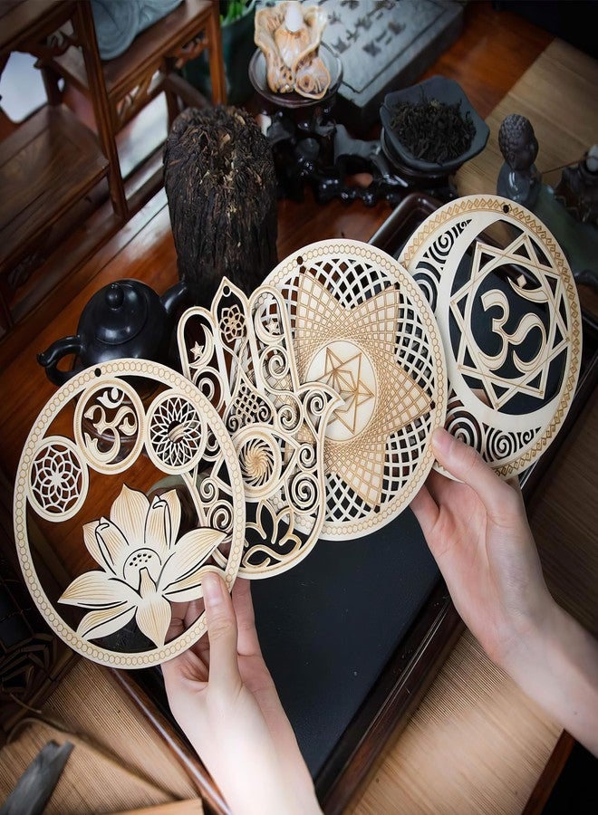 Chiorgone Sacred Geometry Wooden Wall Art Set - Lotus Hamsa Ohm Merkaba Meditation Decor & Coasters - Image 4